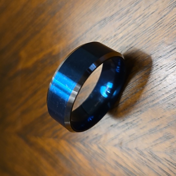 Men'S Tungsten Steel Ring With Blue Sand Finish And White Edge Size 10 - Picture 6 of 7